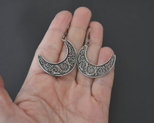 Crescent Moon Dangle Earrings with Filigree Work