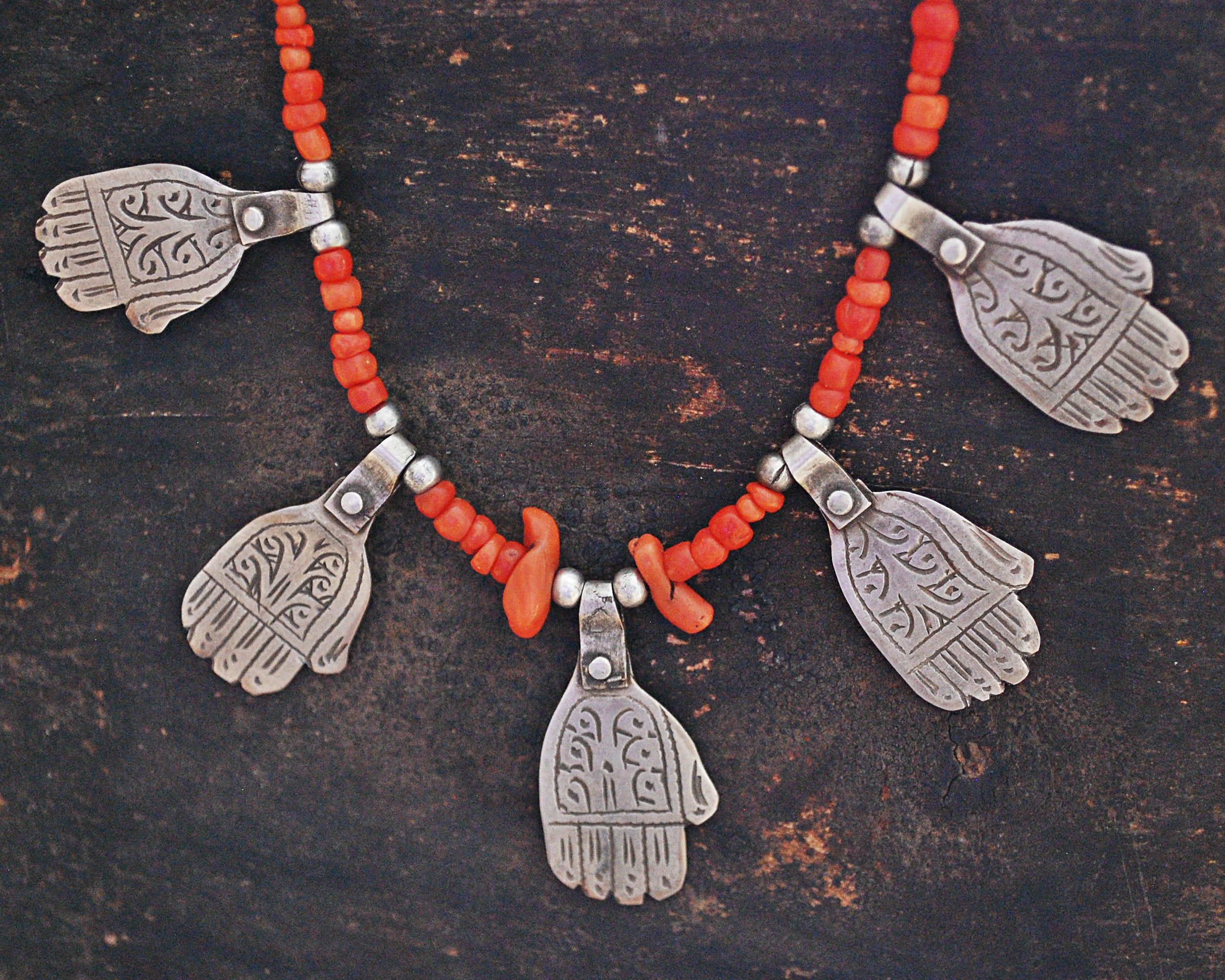 Berber Hamsa Coral Necklace with Silver Beads and Coin