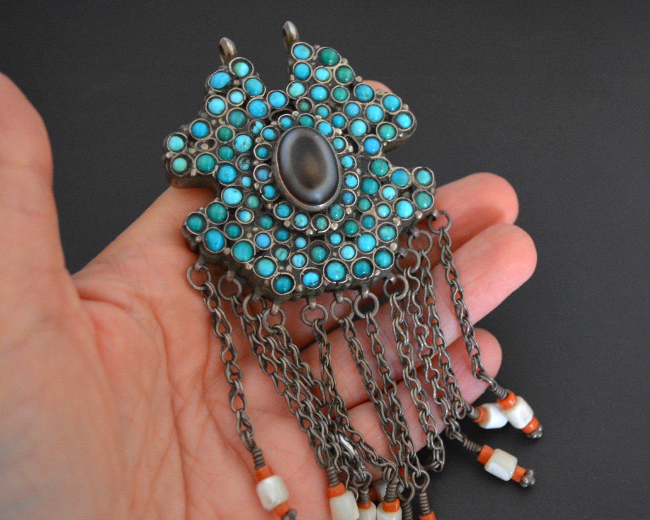 Exceptional Large Uzbek Turquoise and Coral Tassel Pendant with Eye Agate