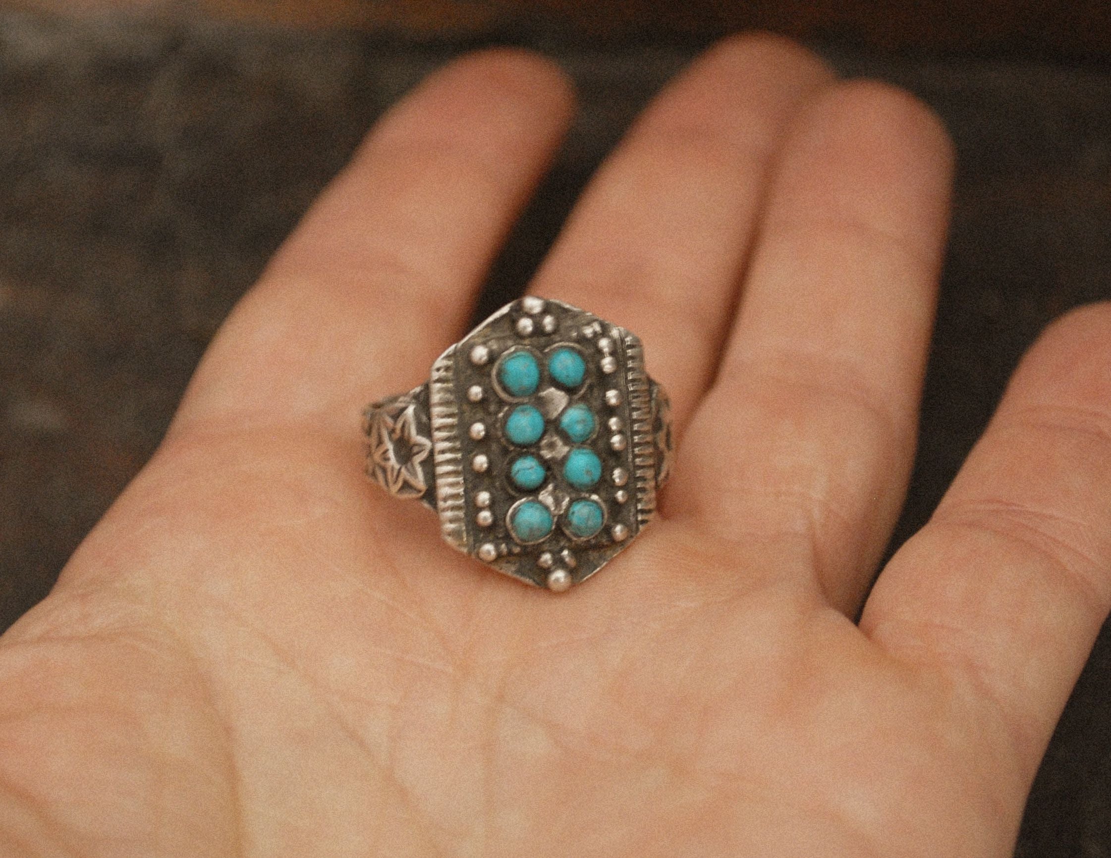 Antique Afghani Silver Ring with Turquoises - Size 8.5