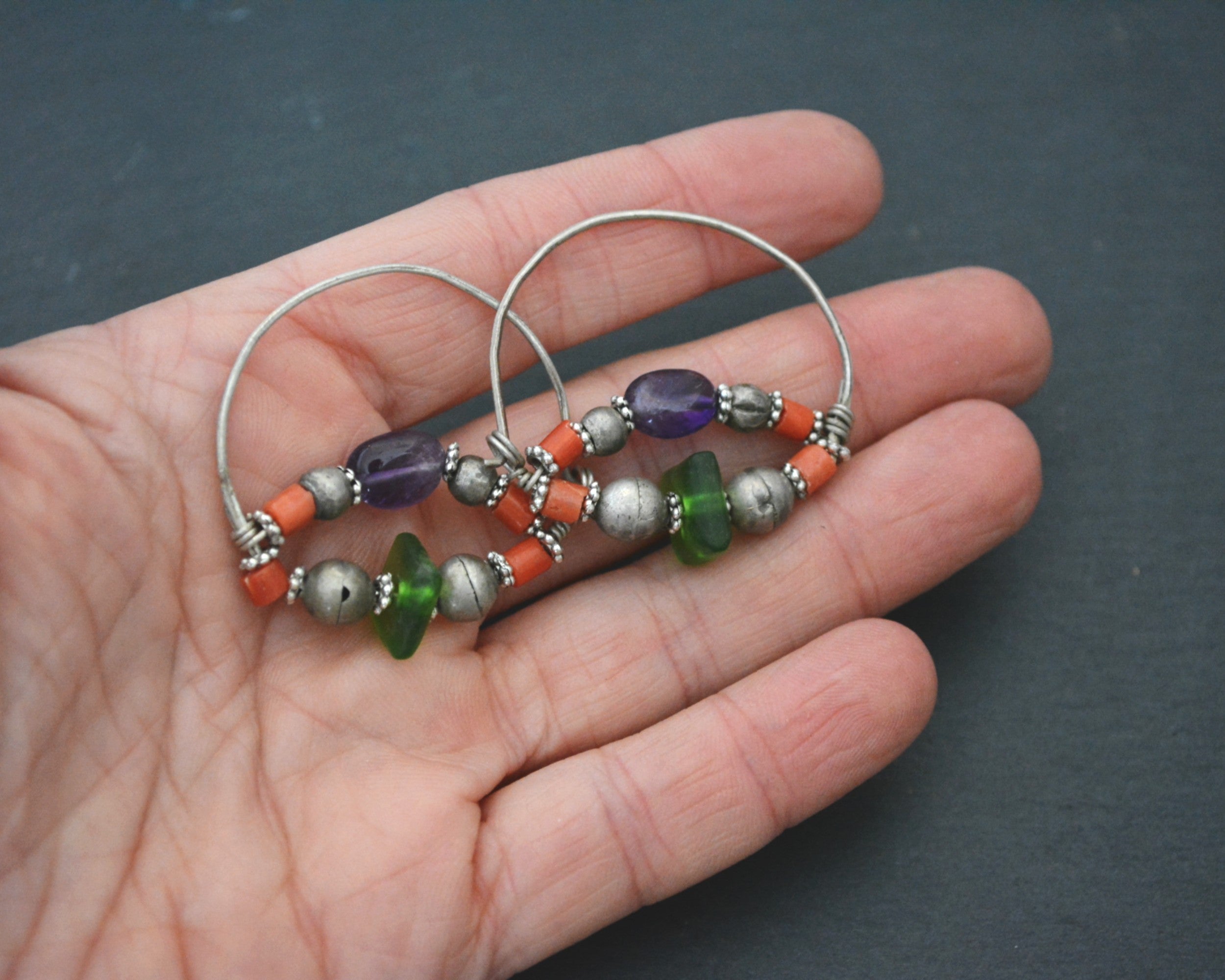 Uzbek Coral Glass Hoop Earrings