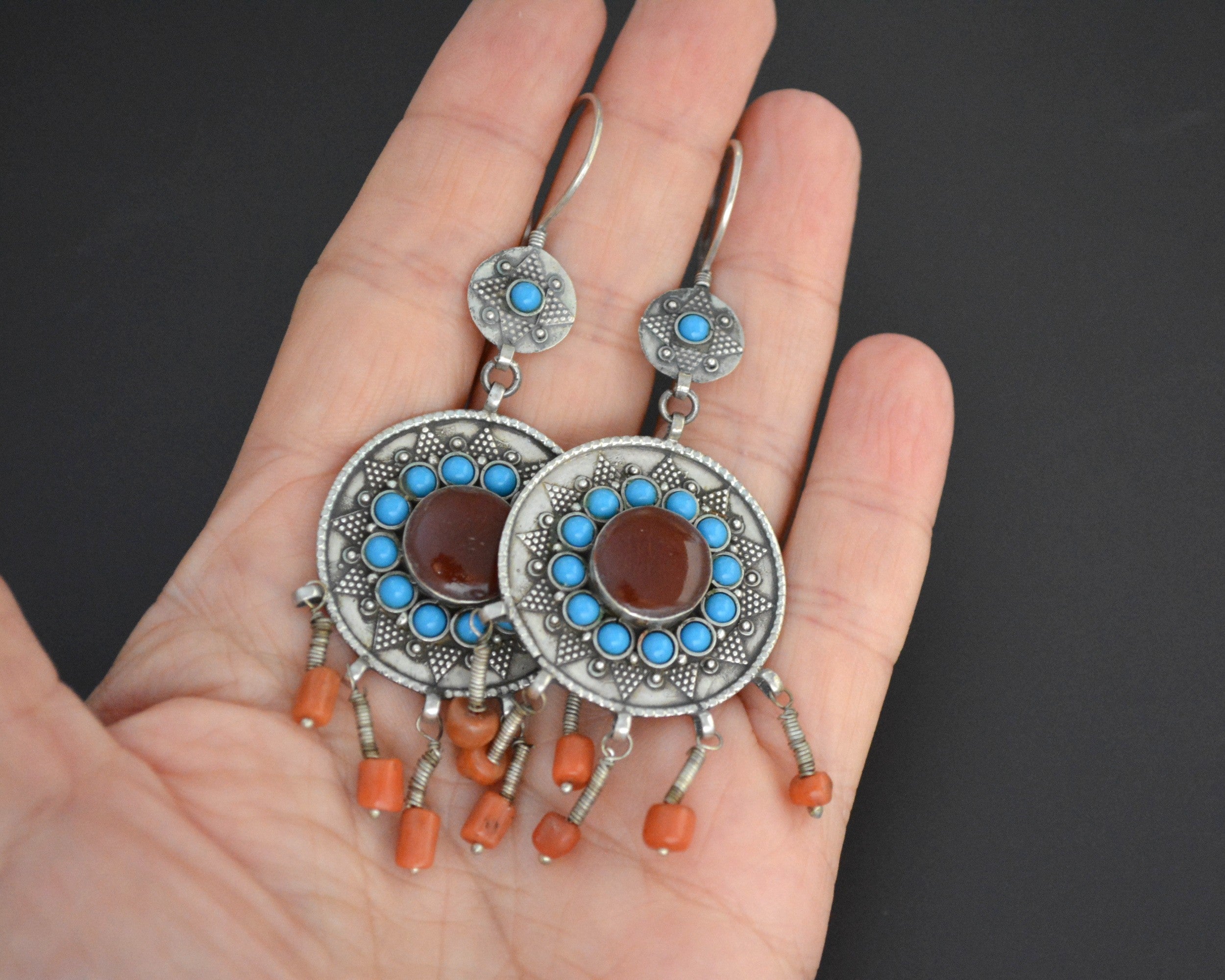 Turkmen Earrings with Carnelian, Turquoise and Coral