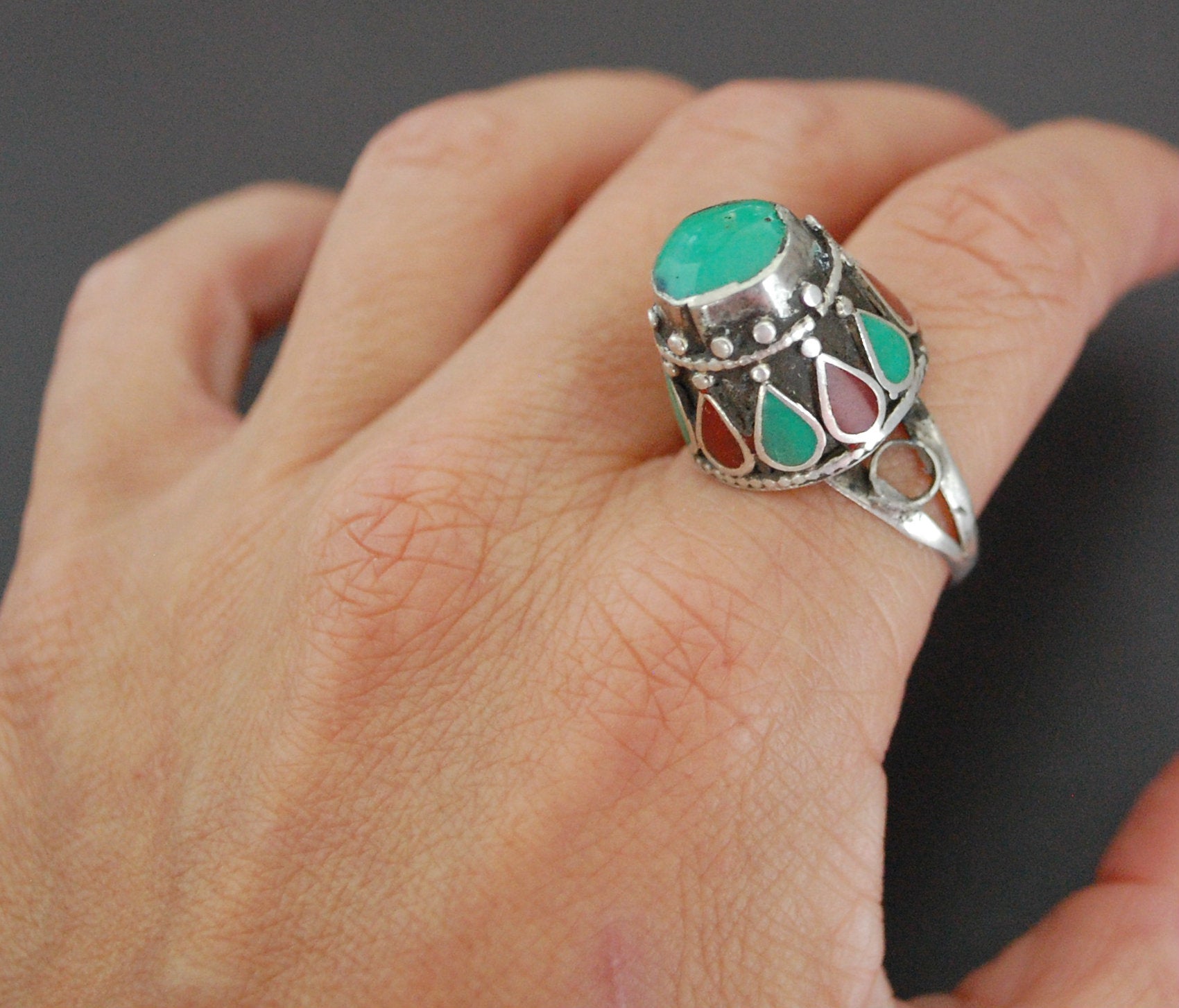 Afghani Carnelian Turquoise Dome Ring - Size 10