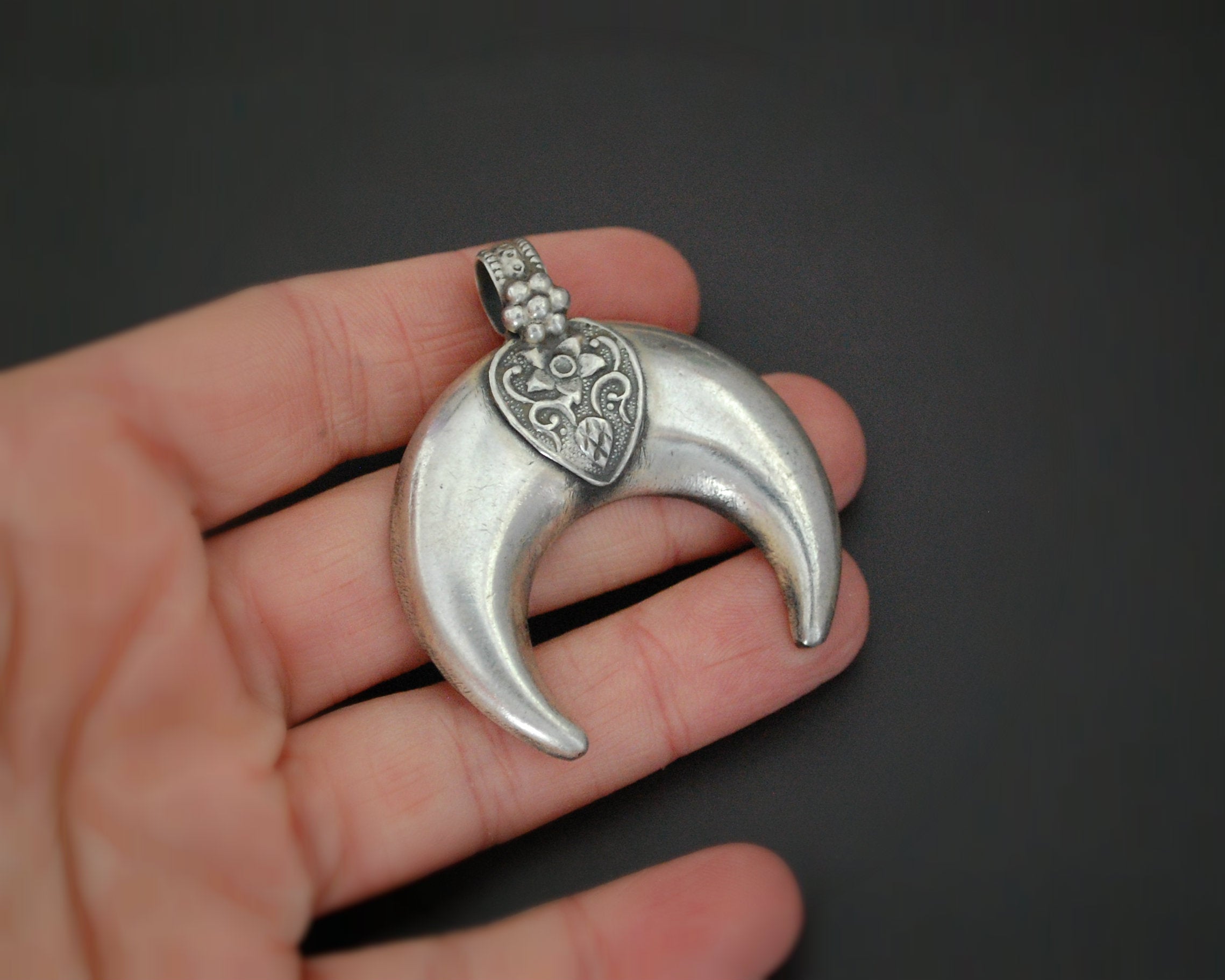 Indian Crescent Moon Pendant with Flower Ornament