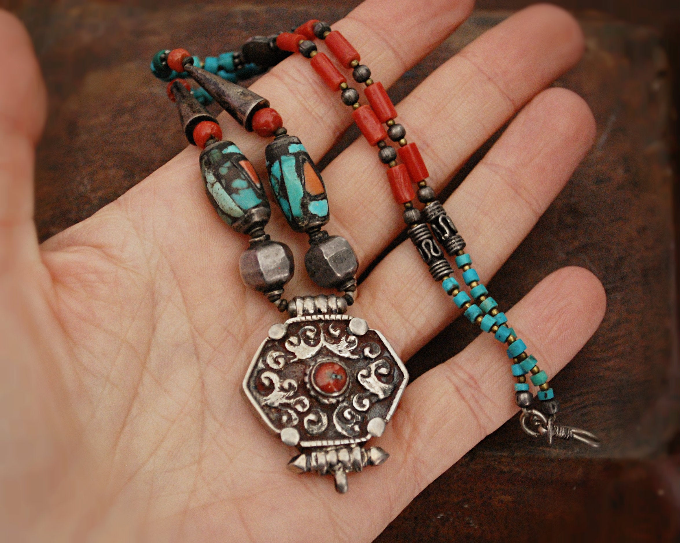 Vintage Nepali Coral Turquoise Necklace with Gau Amulet