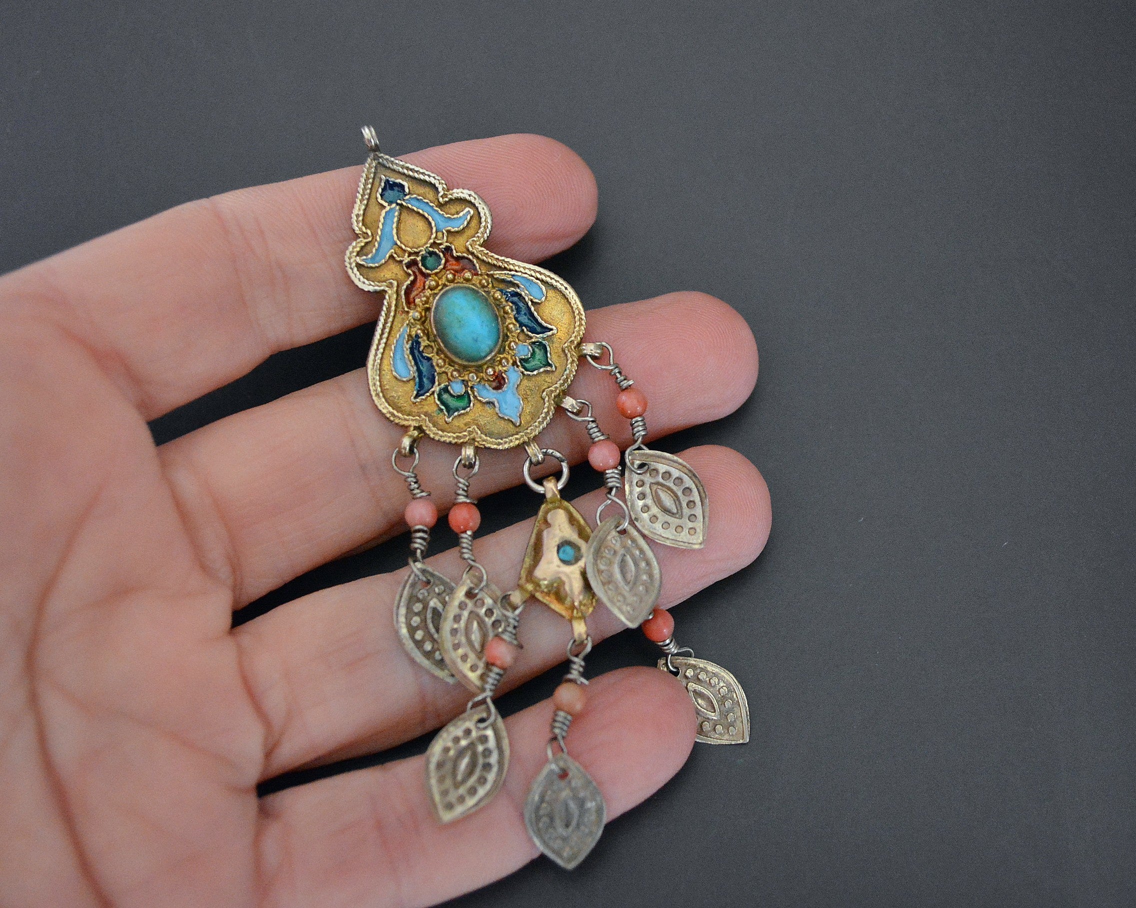 Old Gilded Uzbek Coral Turquoise Pendant with Enamel