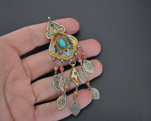 Old Gilded Uzbek Coral Turquoise Pendant with Enamel