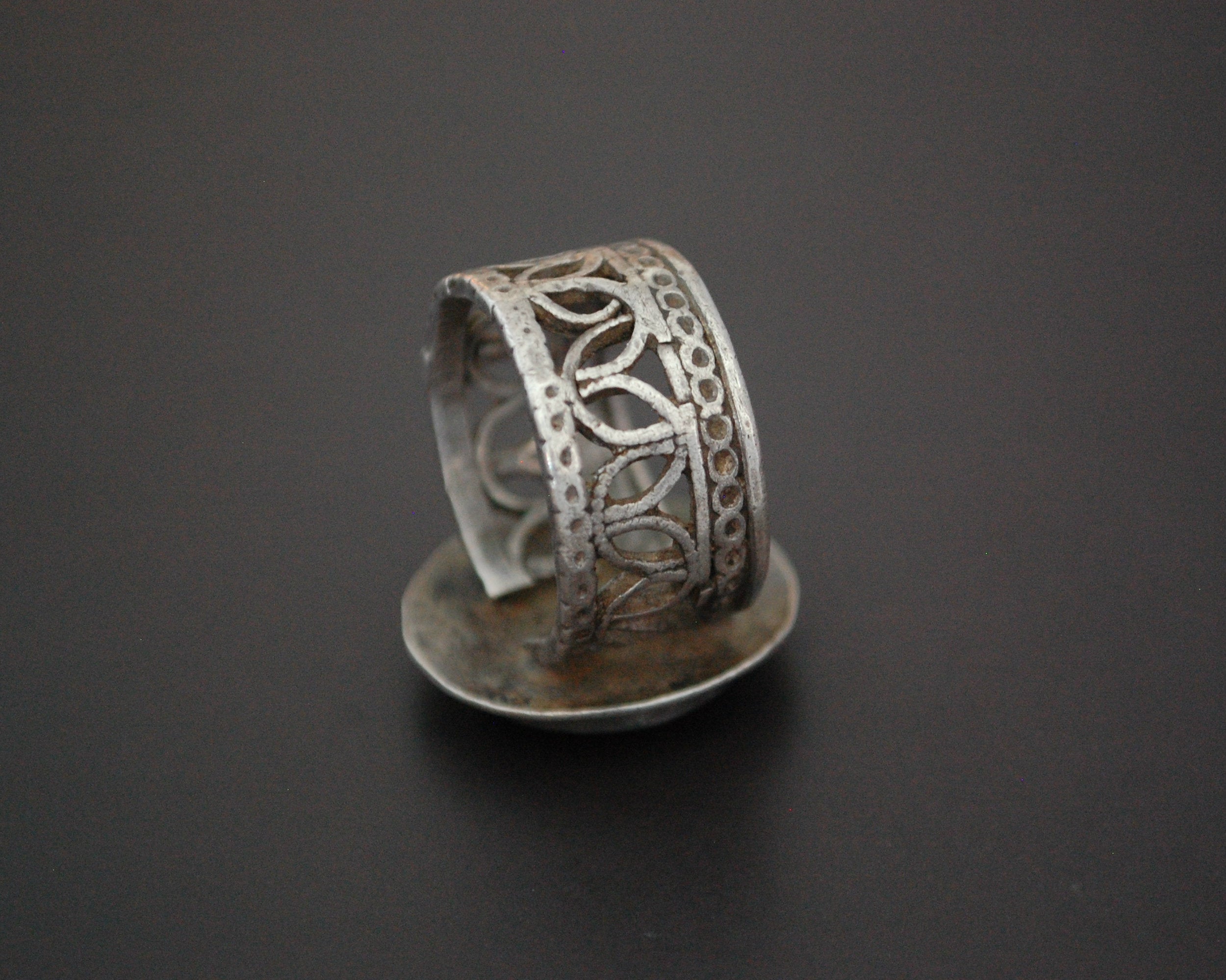 Afghani Silver Ring with Red Glass and Ornate Band - Size 7.5