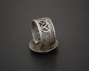 Afghani Silver Ring with Red Glass and Ornate Band - Size 7.5