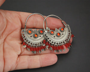 Antique Afghani Hoop Earrings with Glass Tassels