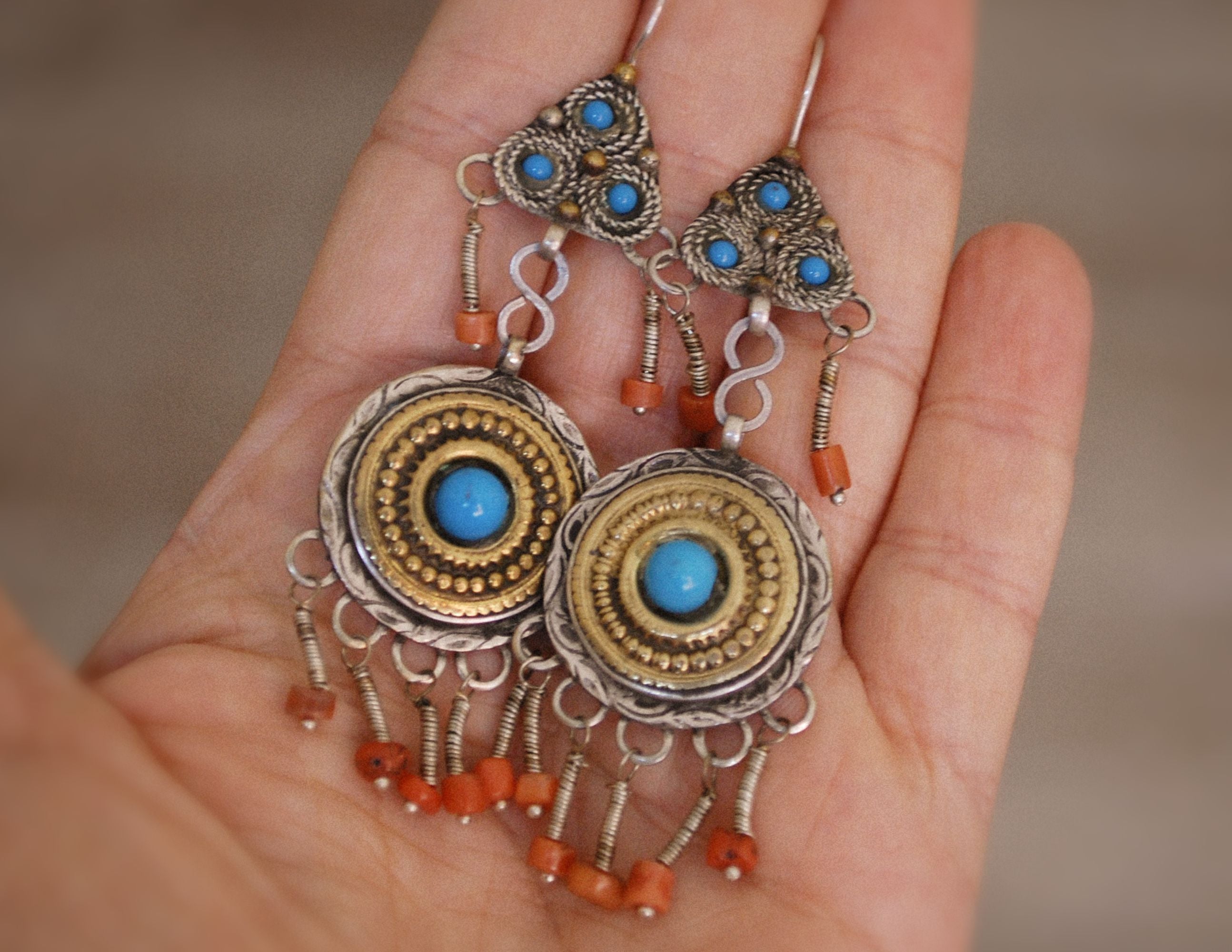 Uzbek Gilded Coral Earrings with Blue Glass