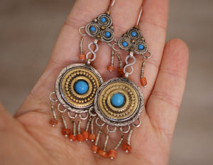 Uzbek Gilded Coral Earrings with Blue Glass