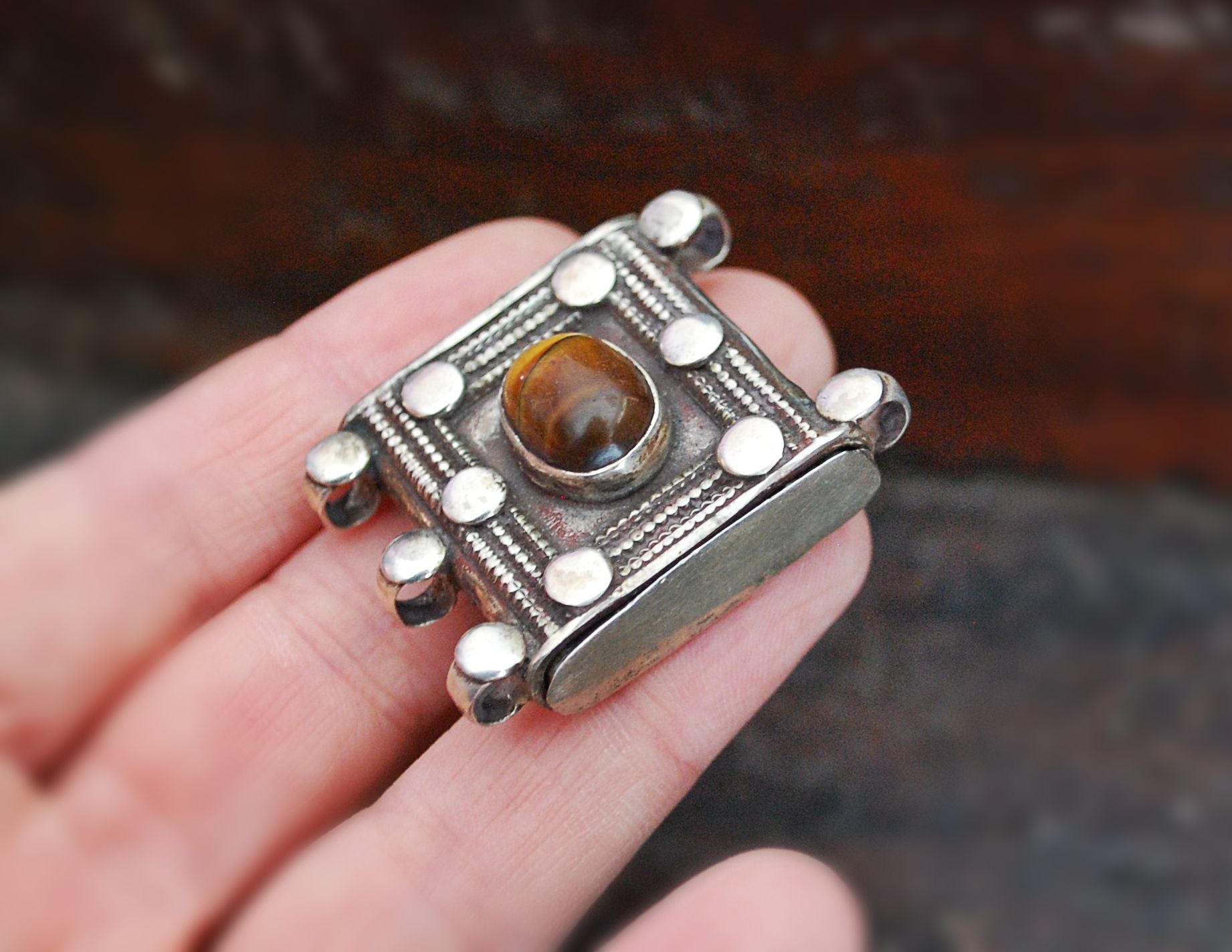 Indian Openable Silver Box Container with Tiger Eye