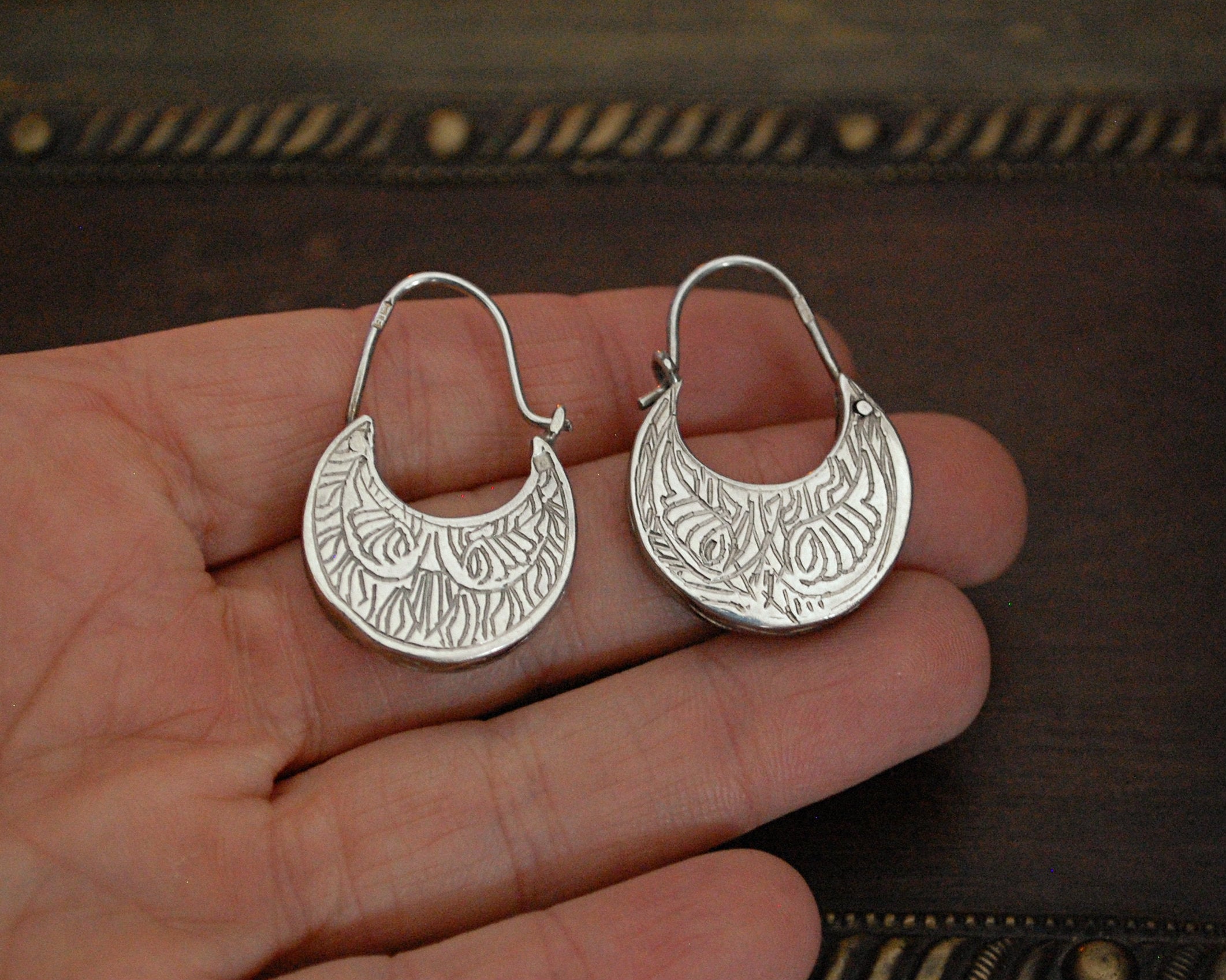 Ethnic Sterling Silver Carved Hoop Earrings