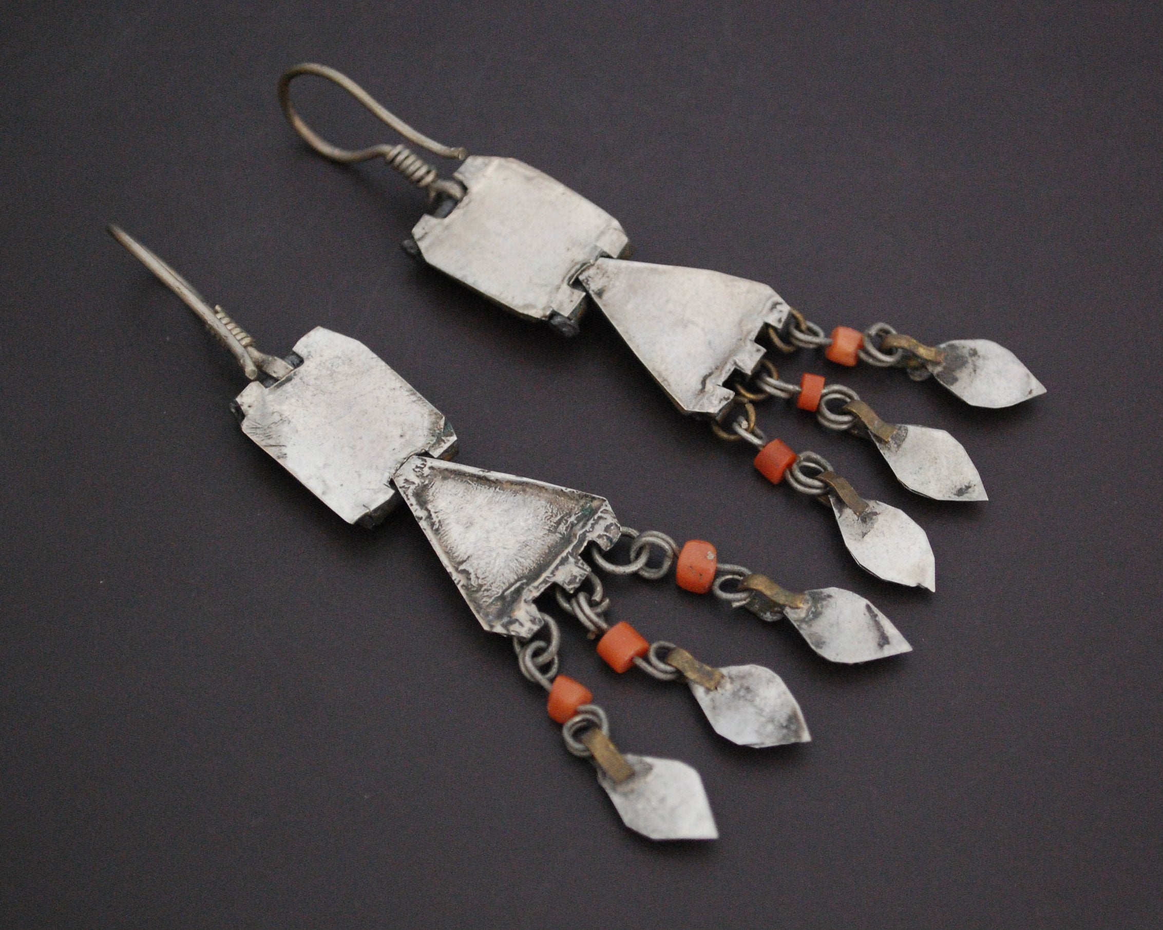 Uzbek Gilded Coral and Glass Earrings