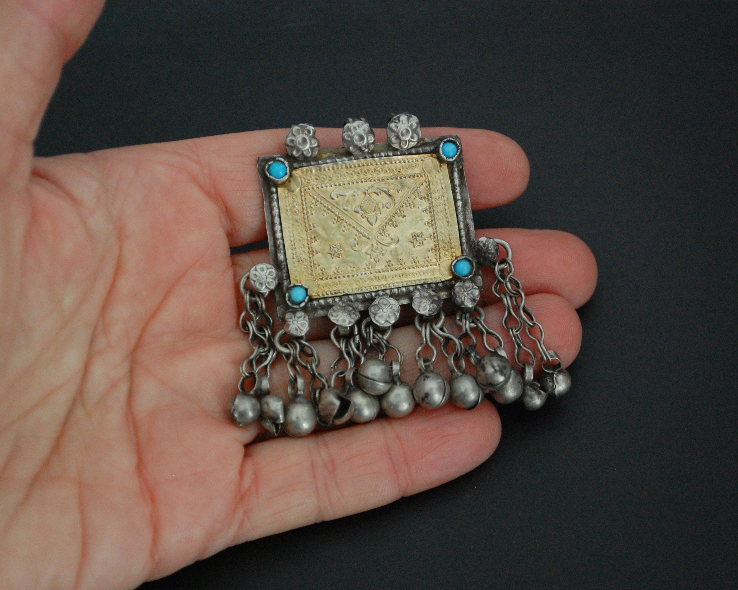 Antique Afghani Silver and Gilded Pendant with Bell Tassels