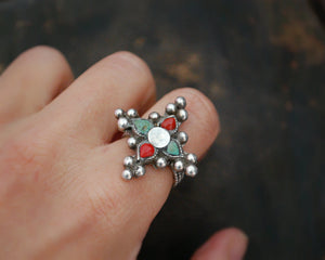 Ethnic Coral Turquoise Ring from Ladakh - Size 6.25