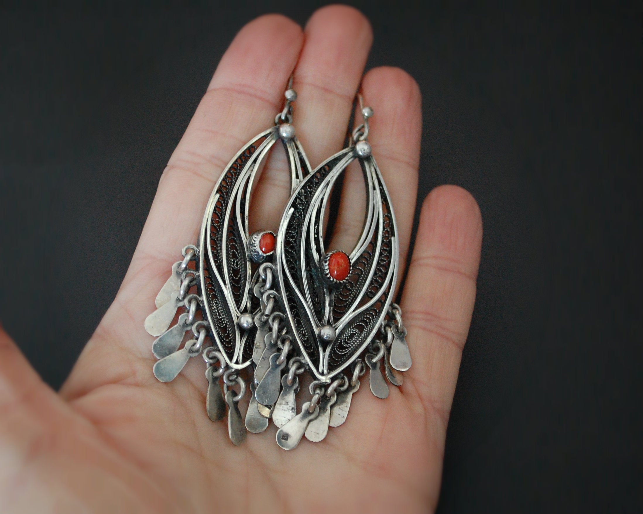 Ethnic Coral Filigree Dangle Earrings
