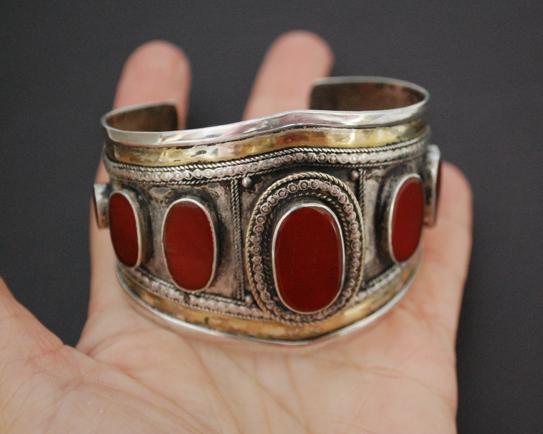 Afghani Turkmen Carnelian Gilded Cuff Bracelet