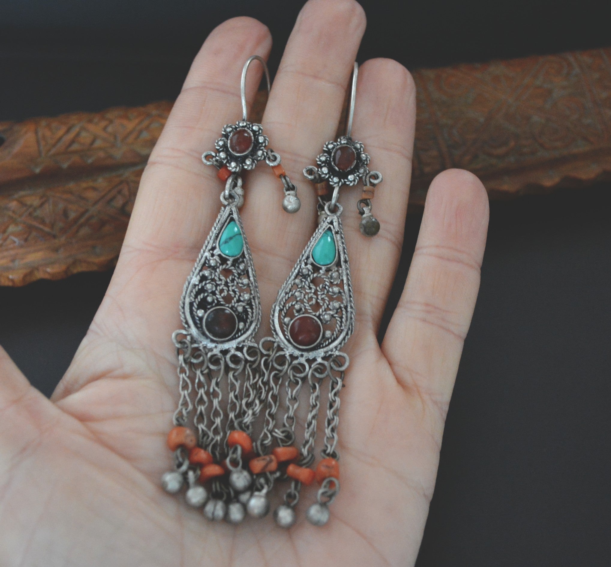 Uzbek Silver Turquoise Coral Earrings