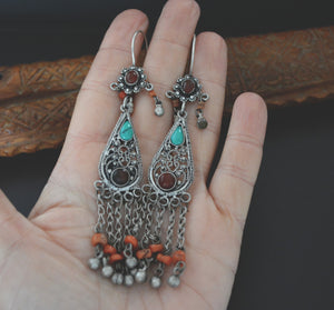 Uzbek Silver Turquoise Coral Earrings
