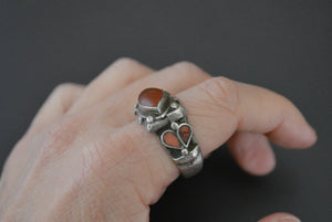 Old Afghani Coral and Carnelian Ring - Size 10.5