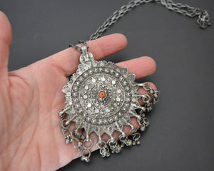 Yemeni Filigree Coral Pendant with Dangles on Silver Chain