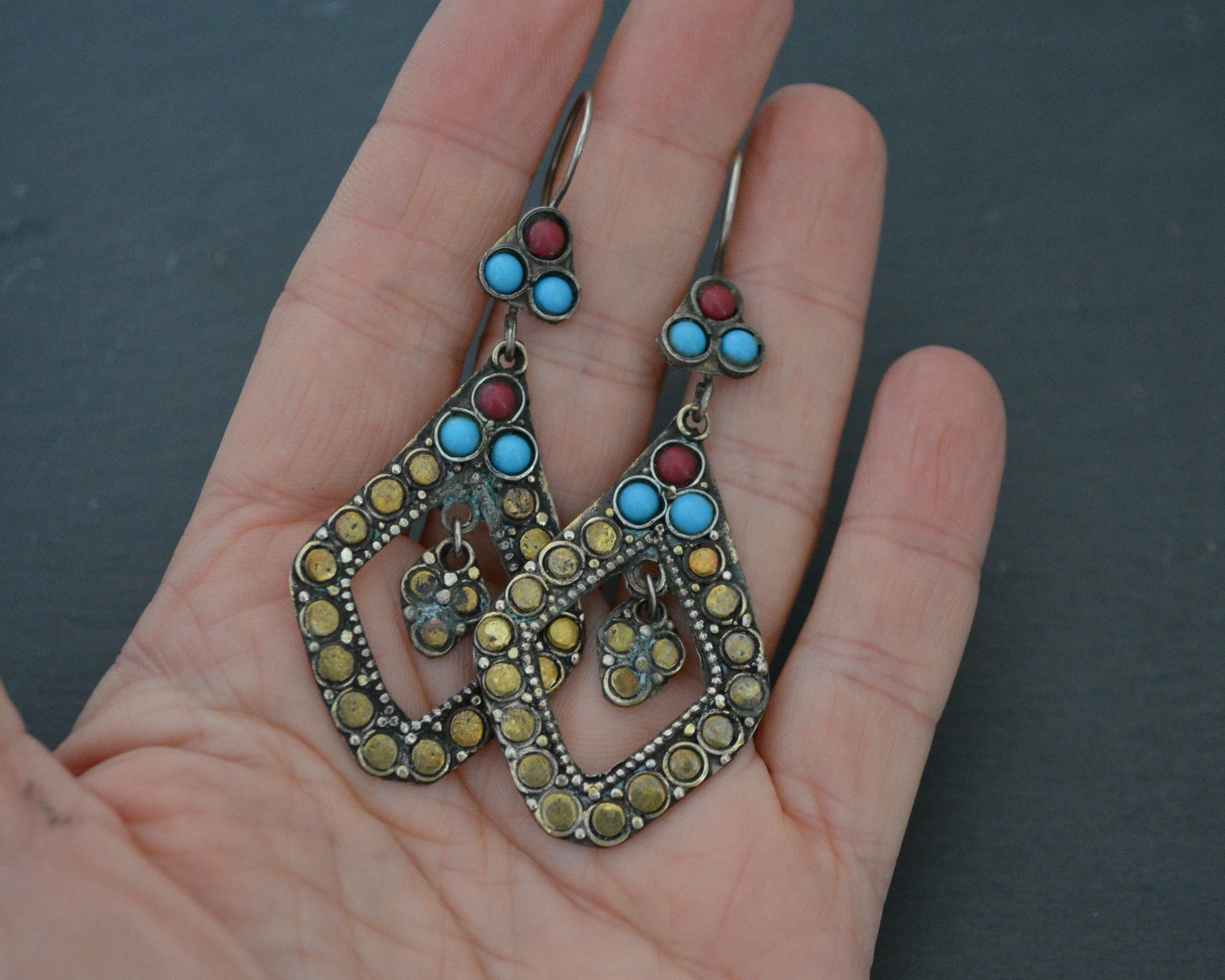 Afghani Silver Gilded Earrings Stones