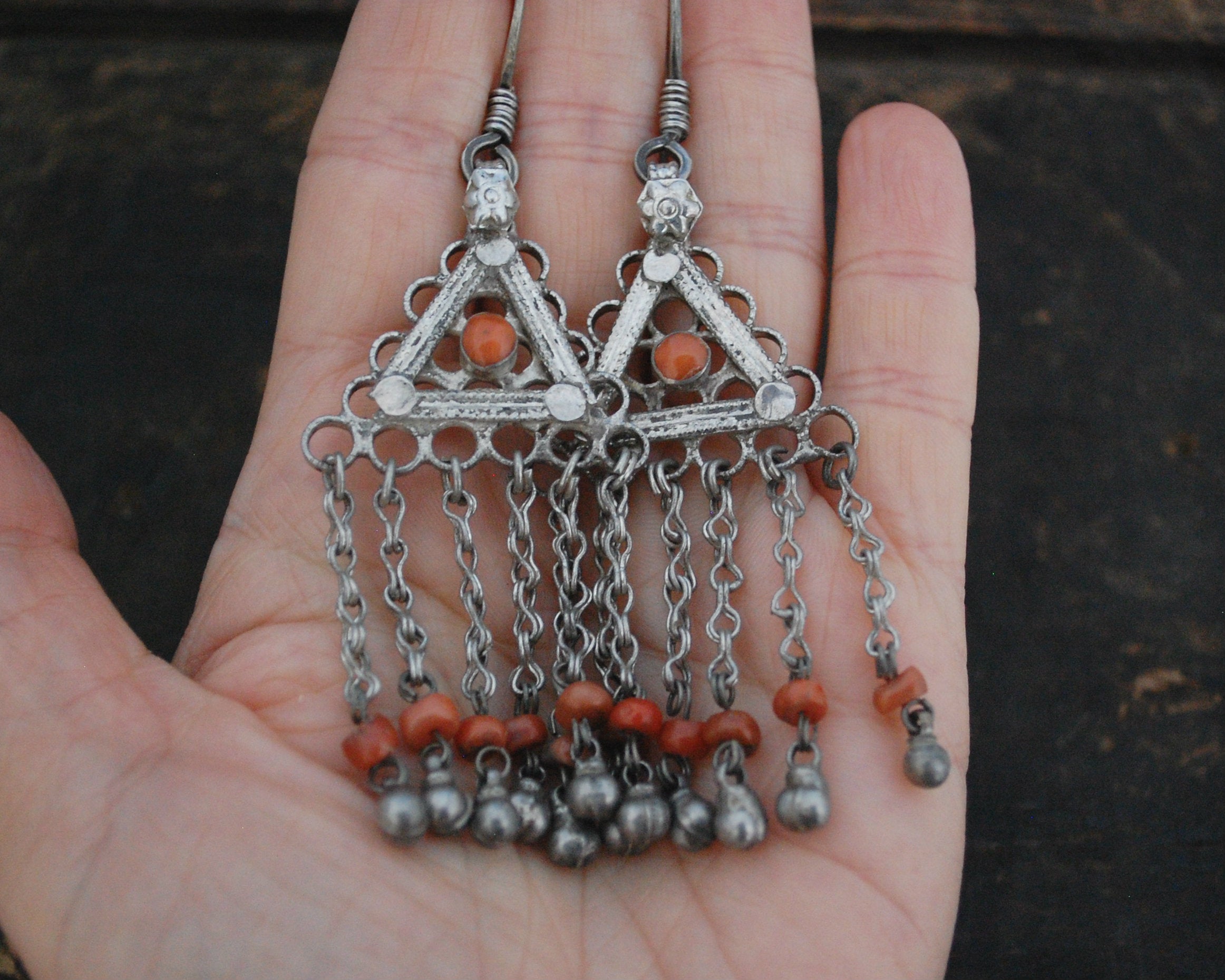 Uzbek Coral Earrings with Bell Dangles