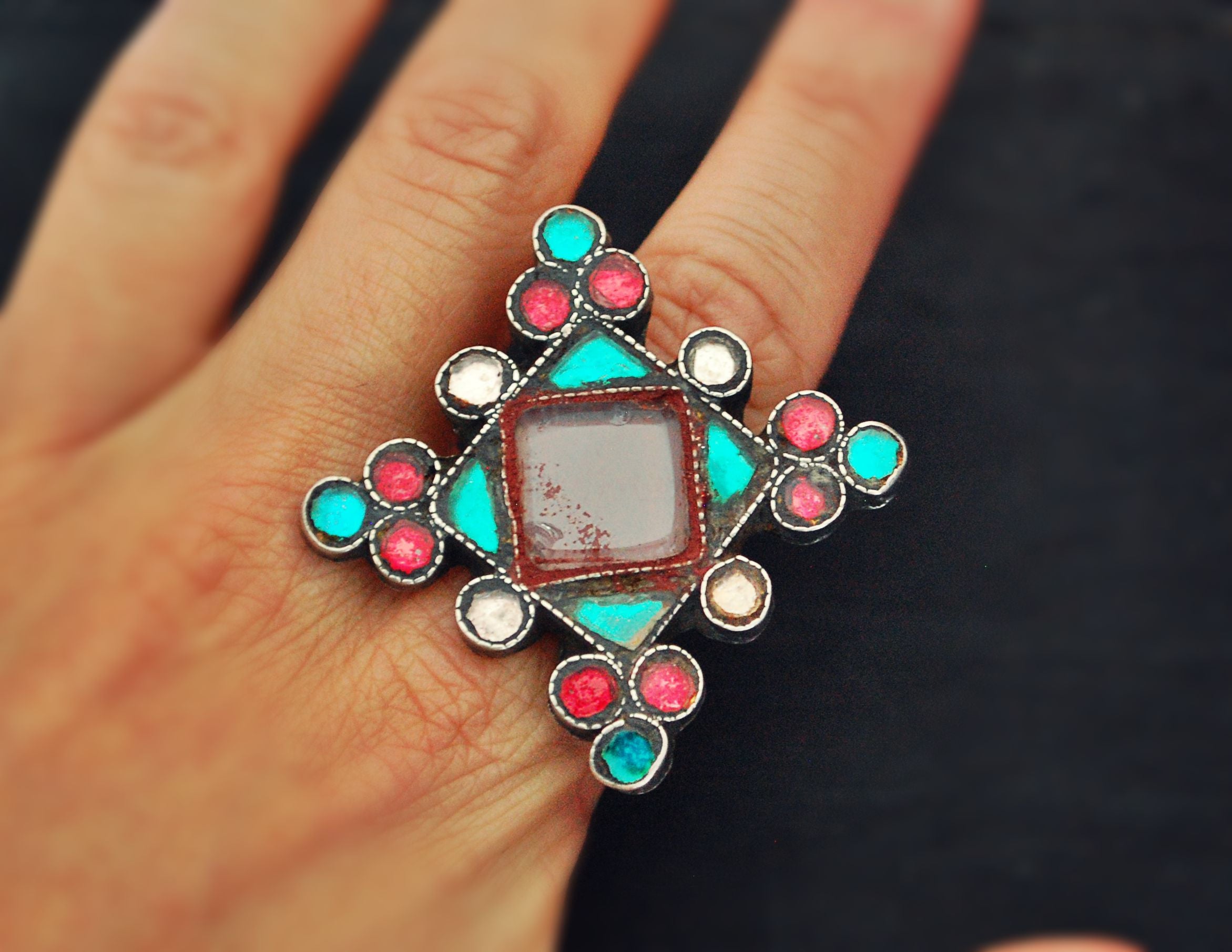 Afghani Silver Ring with Red Glass - Size 6.5 - Pashtun Ring
