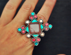 Afghani Silver Ring with Red Glass - Size 6.5 - Pashtun Ring