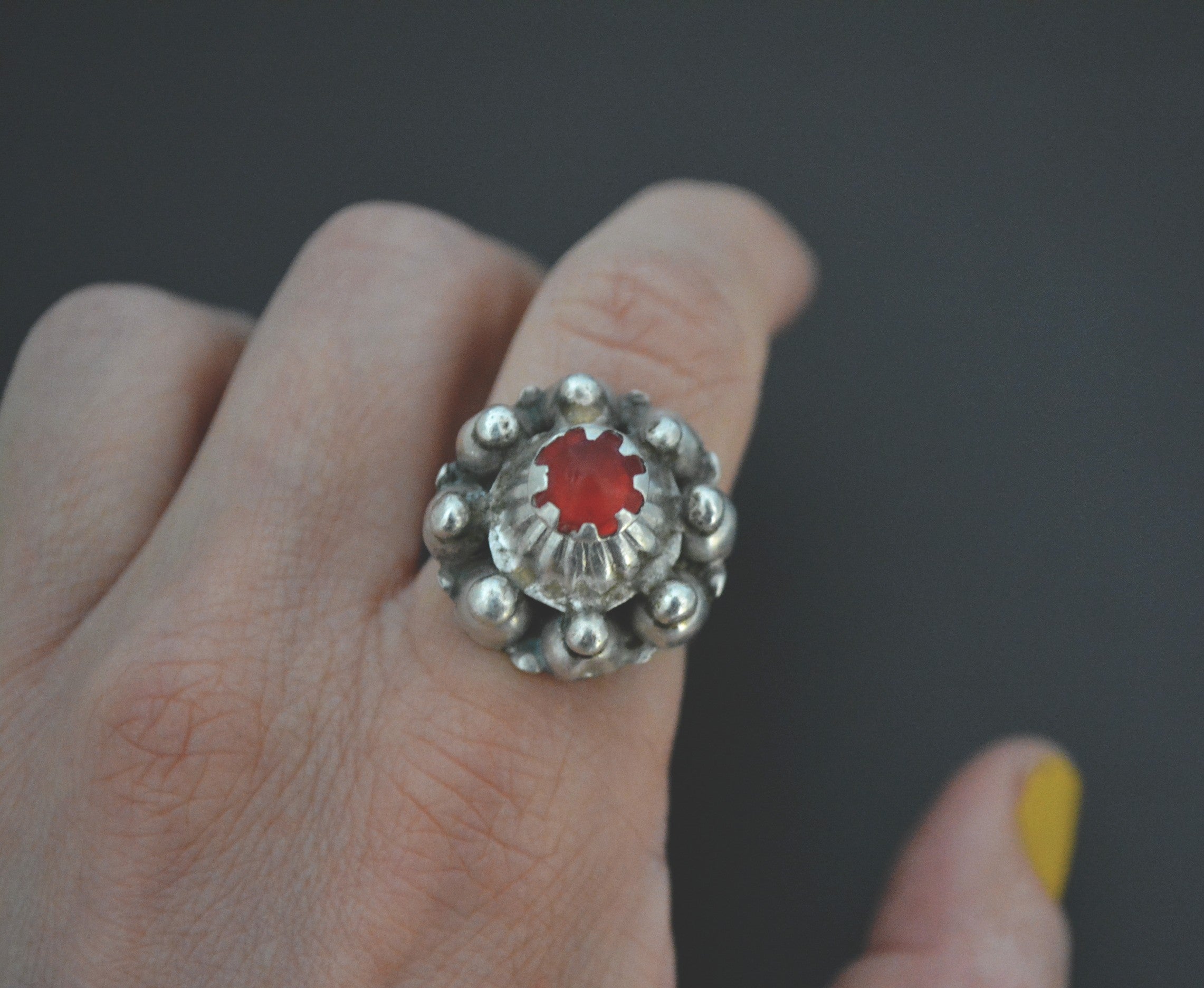 Pashtun Silver Ring with Red Glass - Size 8.5