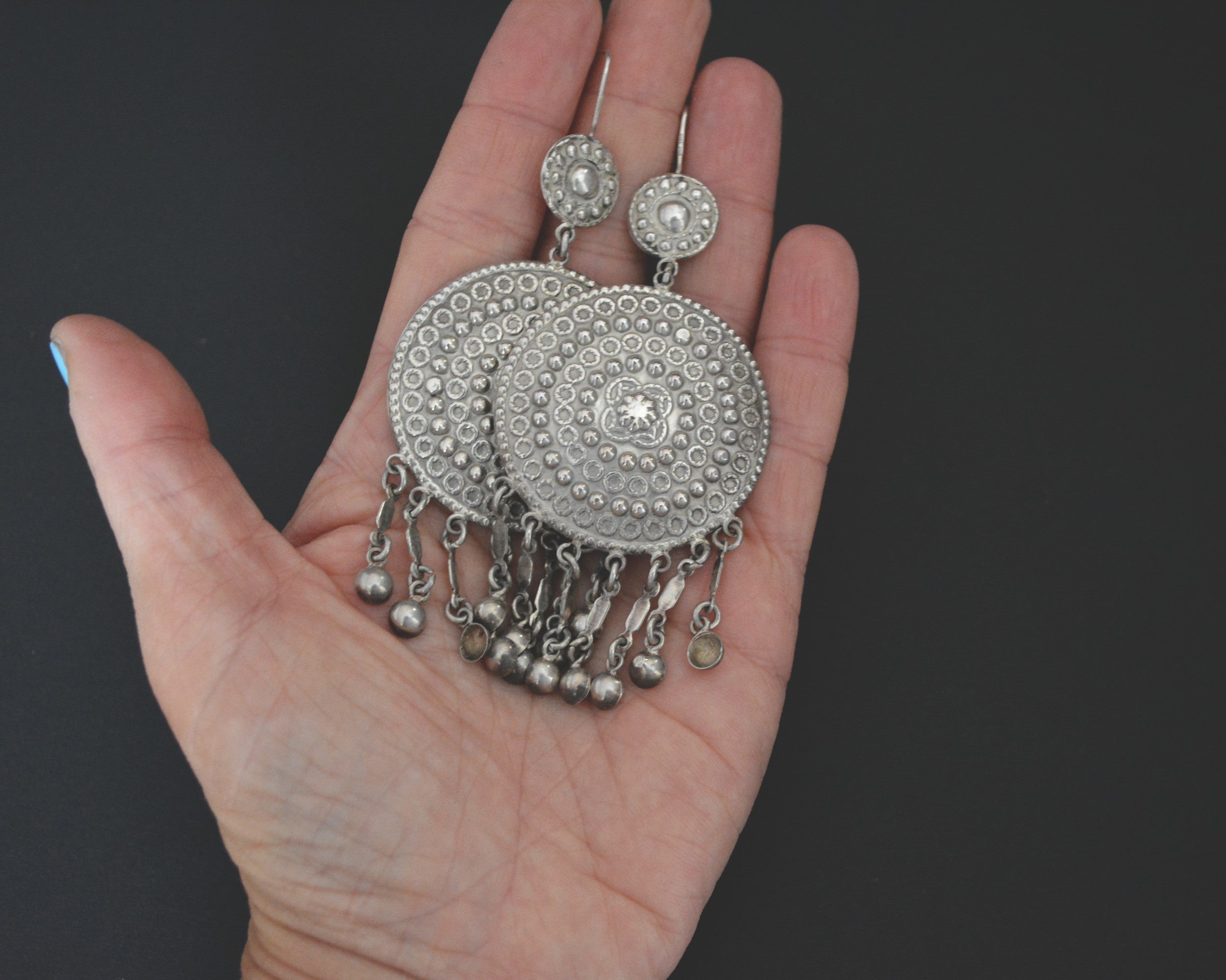Long Indian Silver Disc Earrings with Dangles