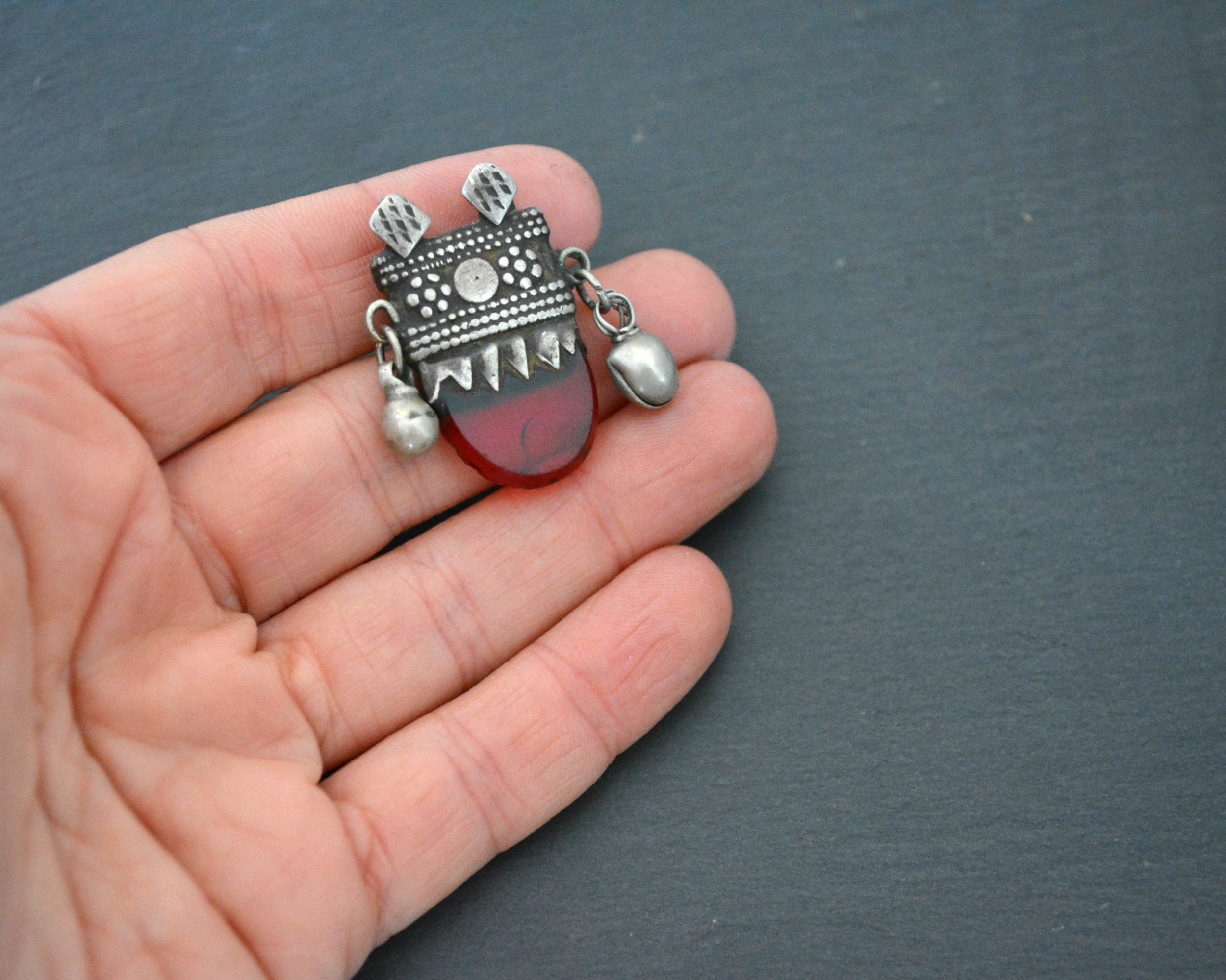 Old Yemeni Red Glass Pendant with Bells