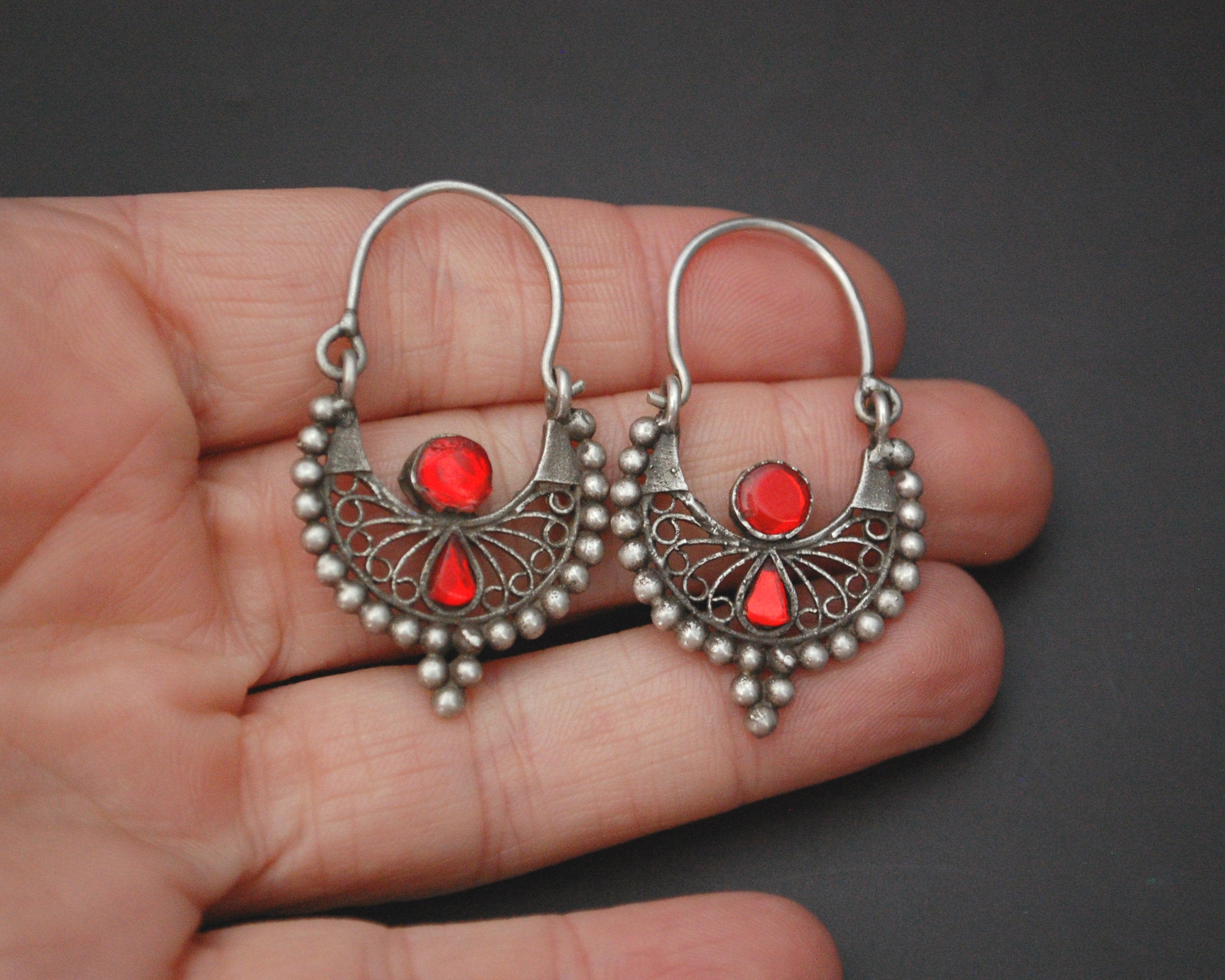 Filigree Afghani Hoop Earrings with Glass - Small