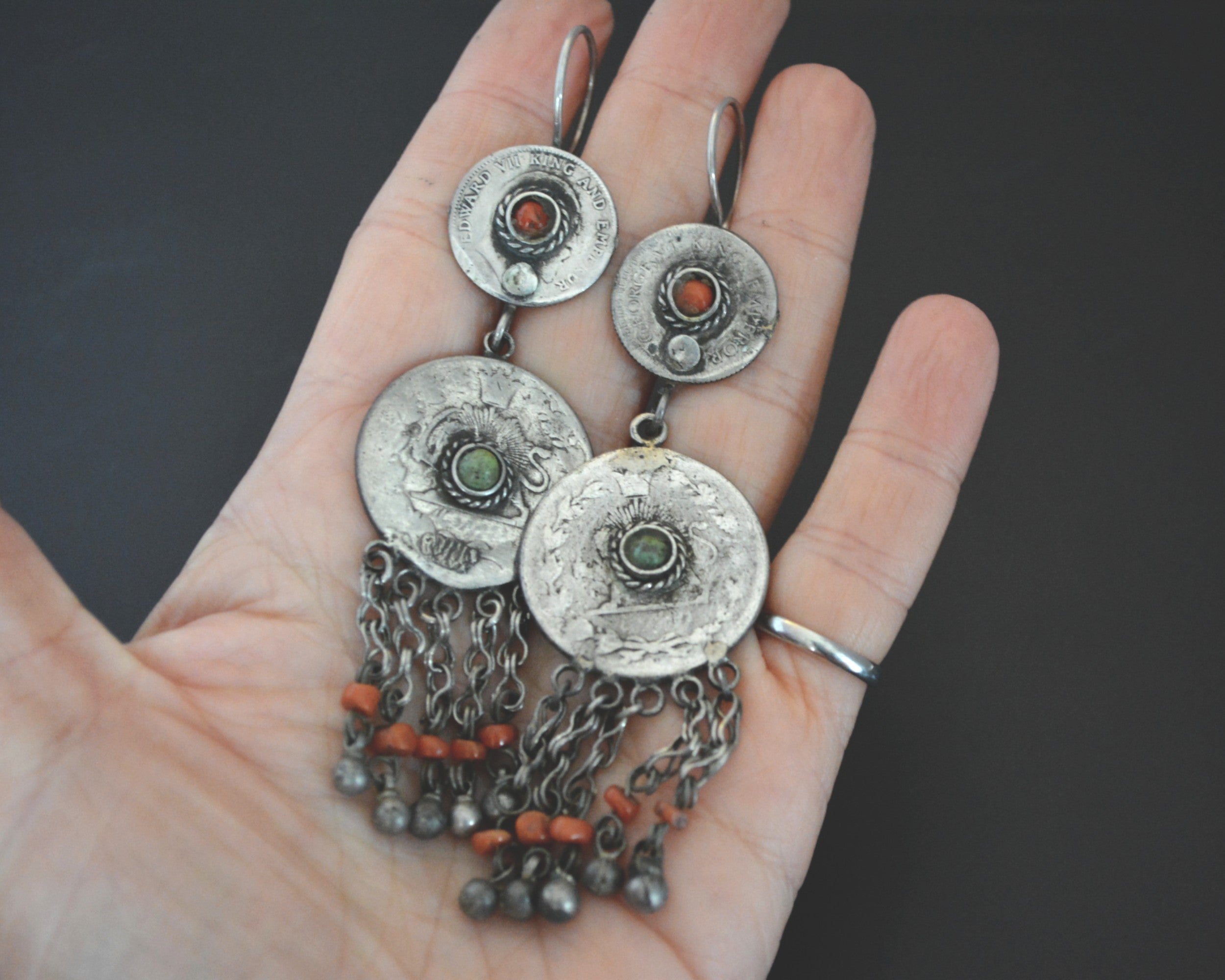Uzbek Coral Turquoise Earrings with litte Bell Dangles