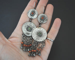 Uzbek Coral Turquoise Earrings with litte Bell Dangles