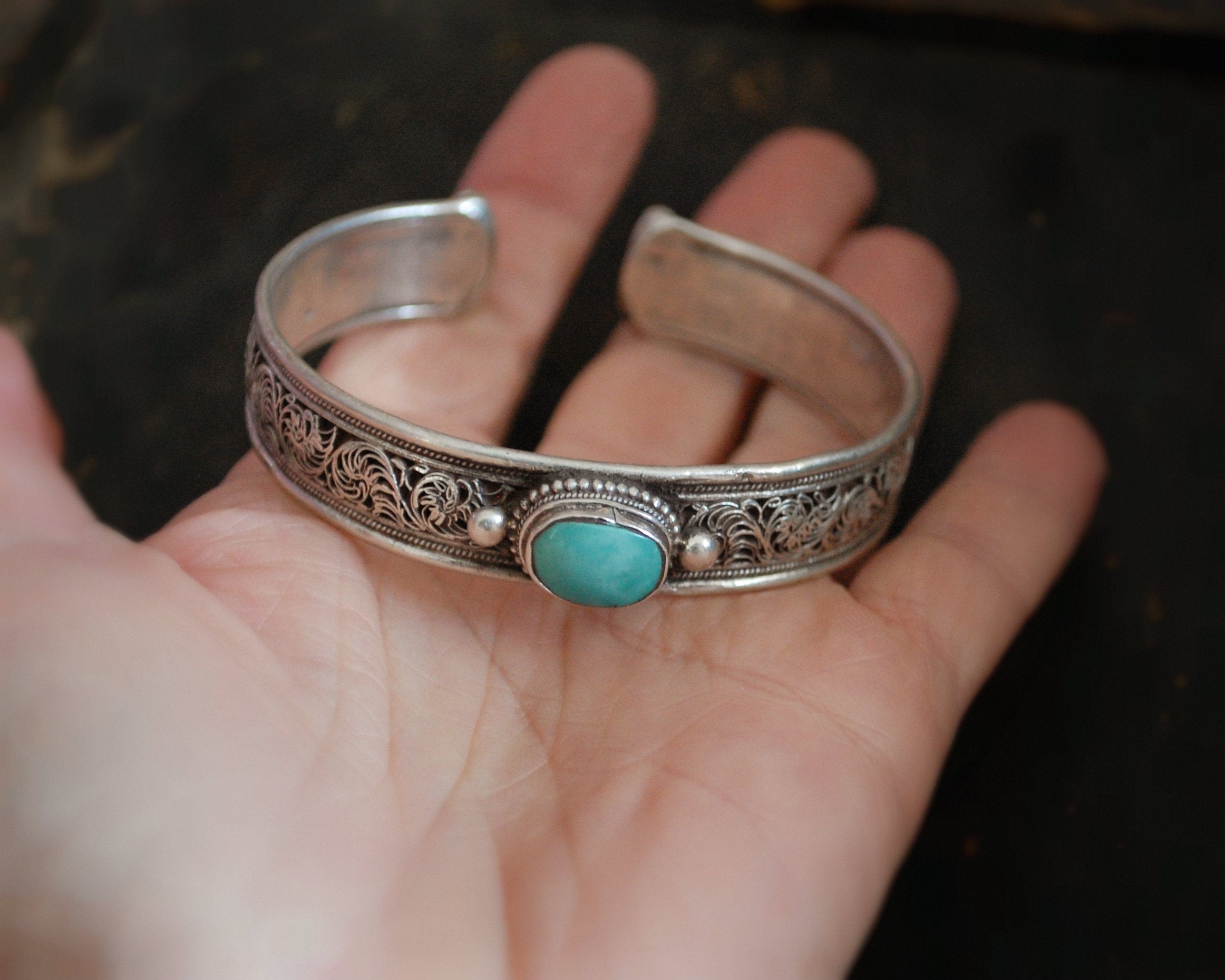 Nepali Turquoise Coral Filigree Cuff Bracelet