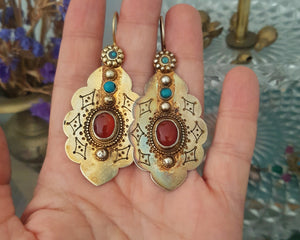 Gilded Turkmen Earrings with Carnelian and Turquoise