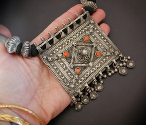 Huge Indian Coral Silver Necklace on Cotton Cord