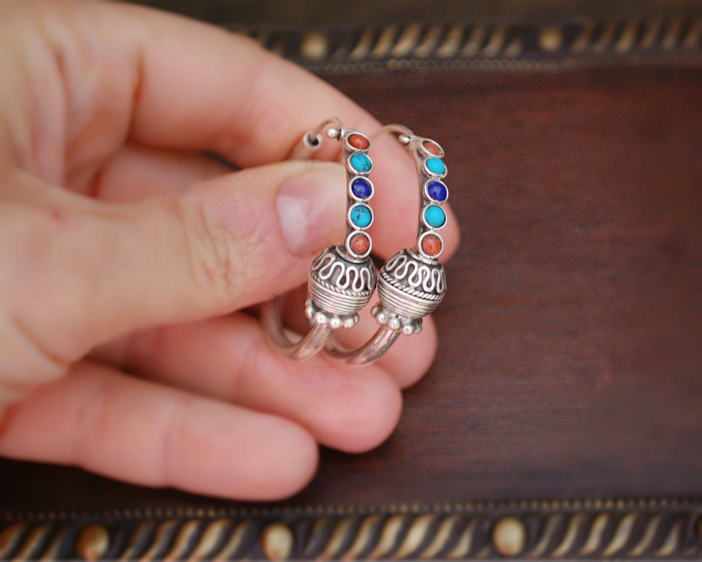 Ethnic Hoop Earrings with Turquoise, Coral, Lapis Lazuli