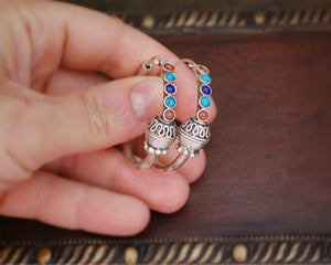 Ethnic Hoop Earrings with Turquoise, Coral, Lapis Lazuli