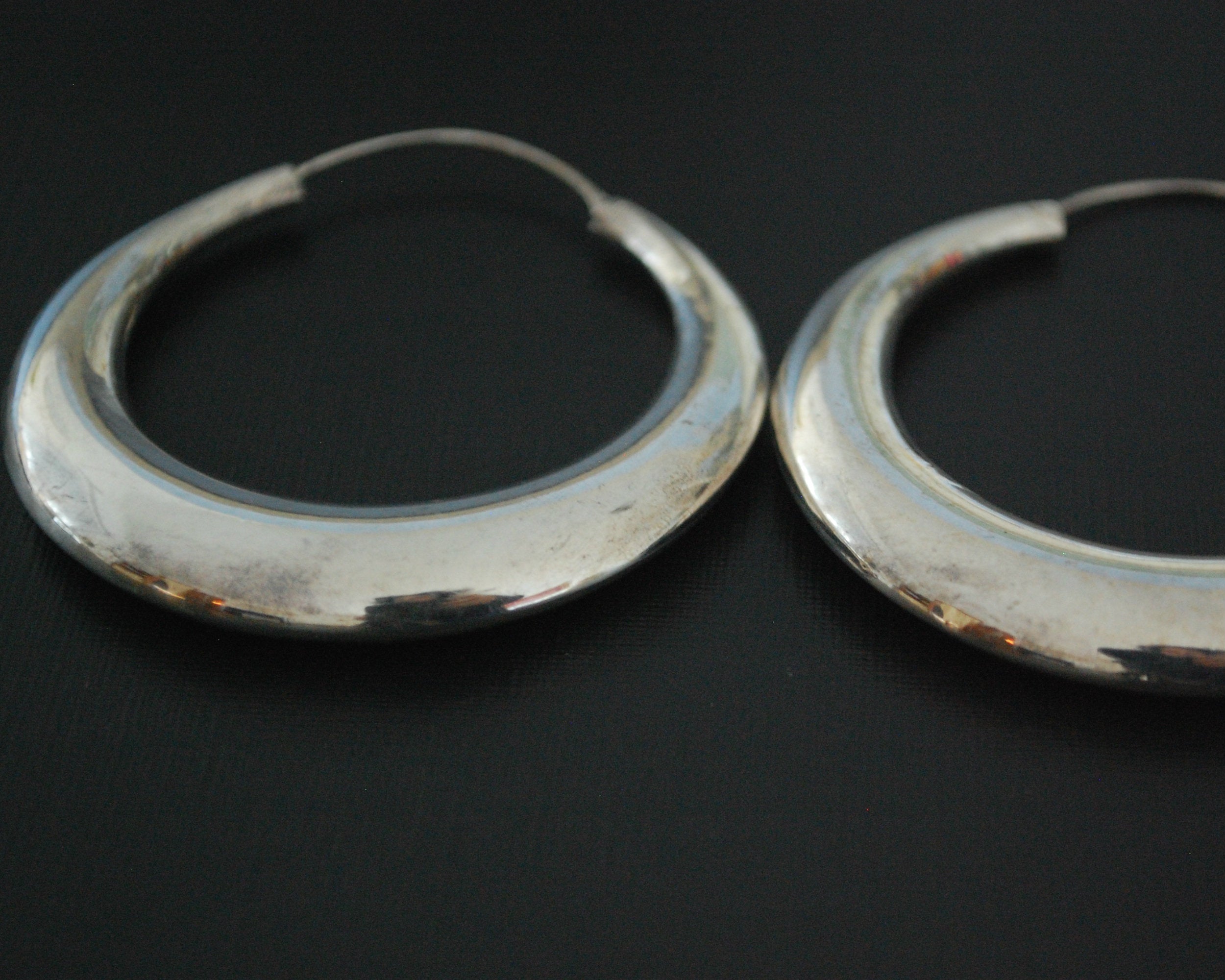 Huge Ethnic Silver Hoop Flatened Earrings
