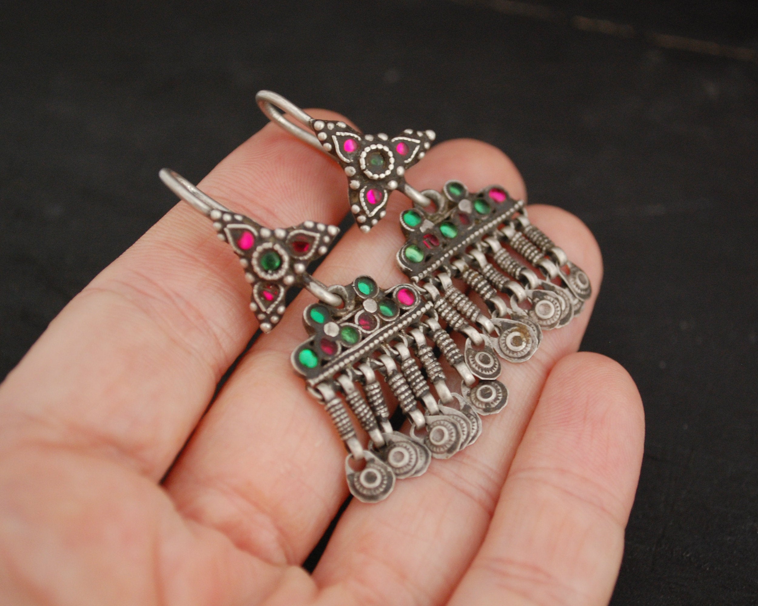 Afghani Earrings with Pink and Green Glass