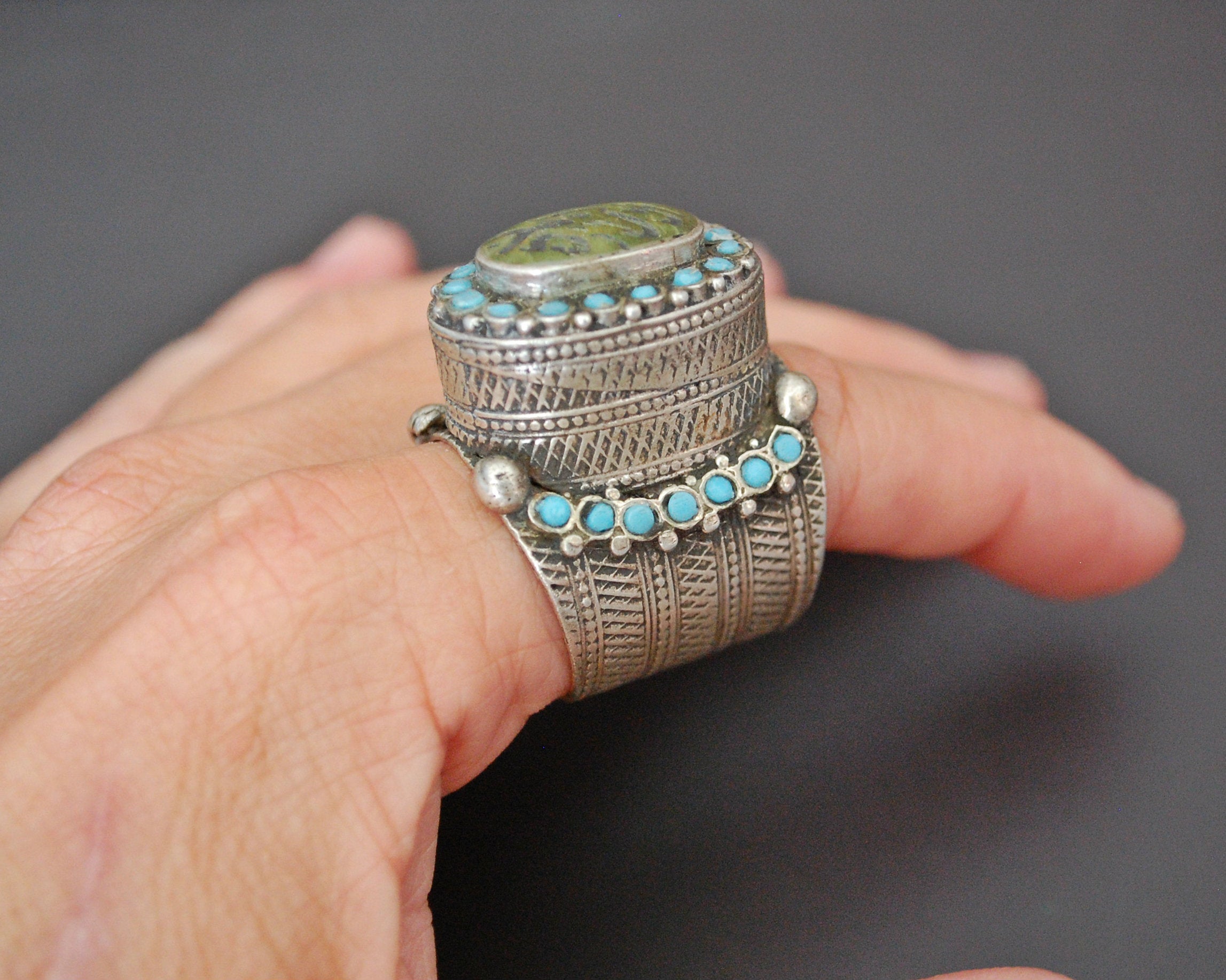 Antique Turkmen Ring with Turquoises - Size 9 / 9.5