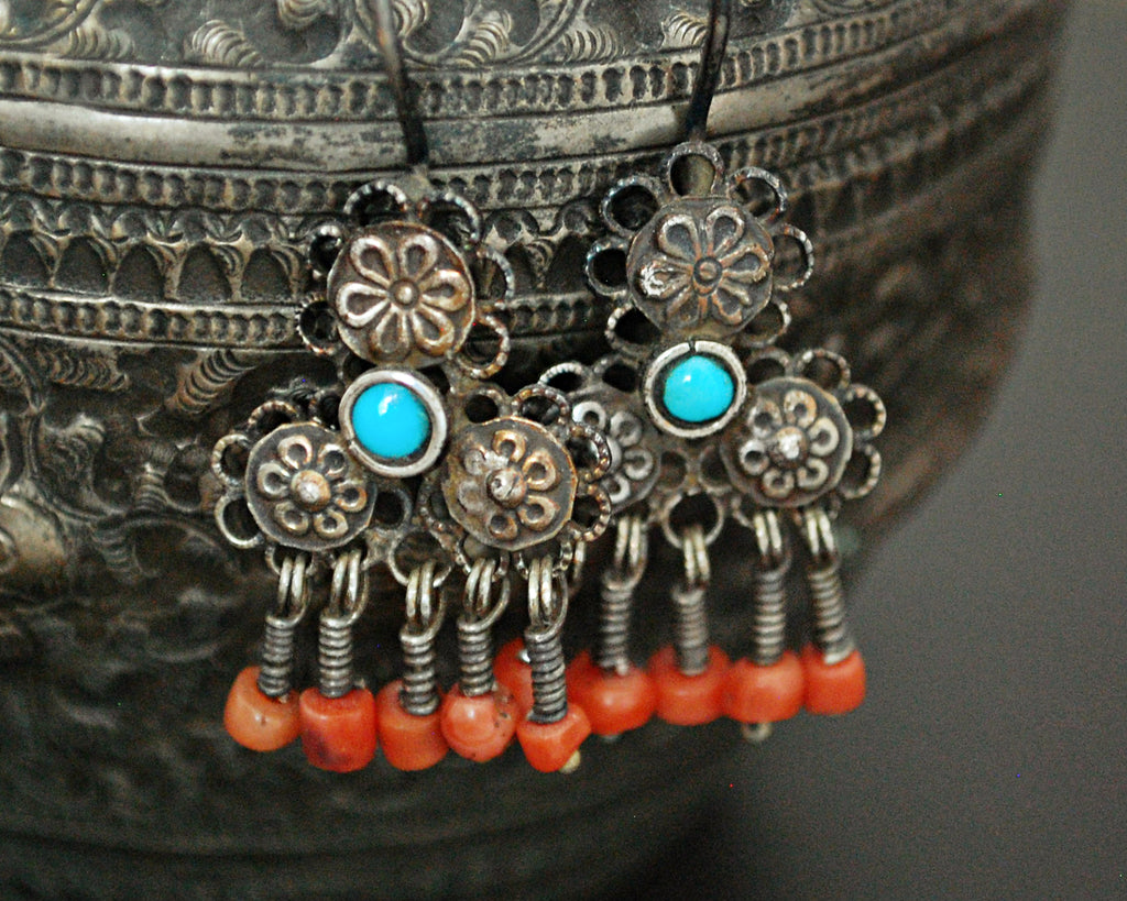 Uzbek Coral Turquoise Earrings with Flowery Design