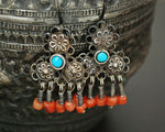 Uzbek Coral Turquoise Earrings with Flowery Design