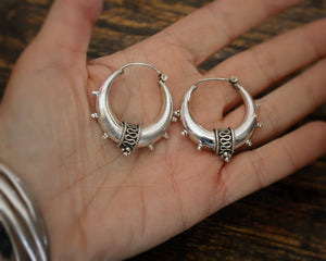 Ethnic Silver Spike Hoop Earrings - MEDIUM