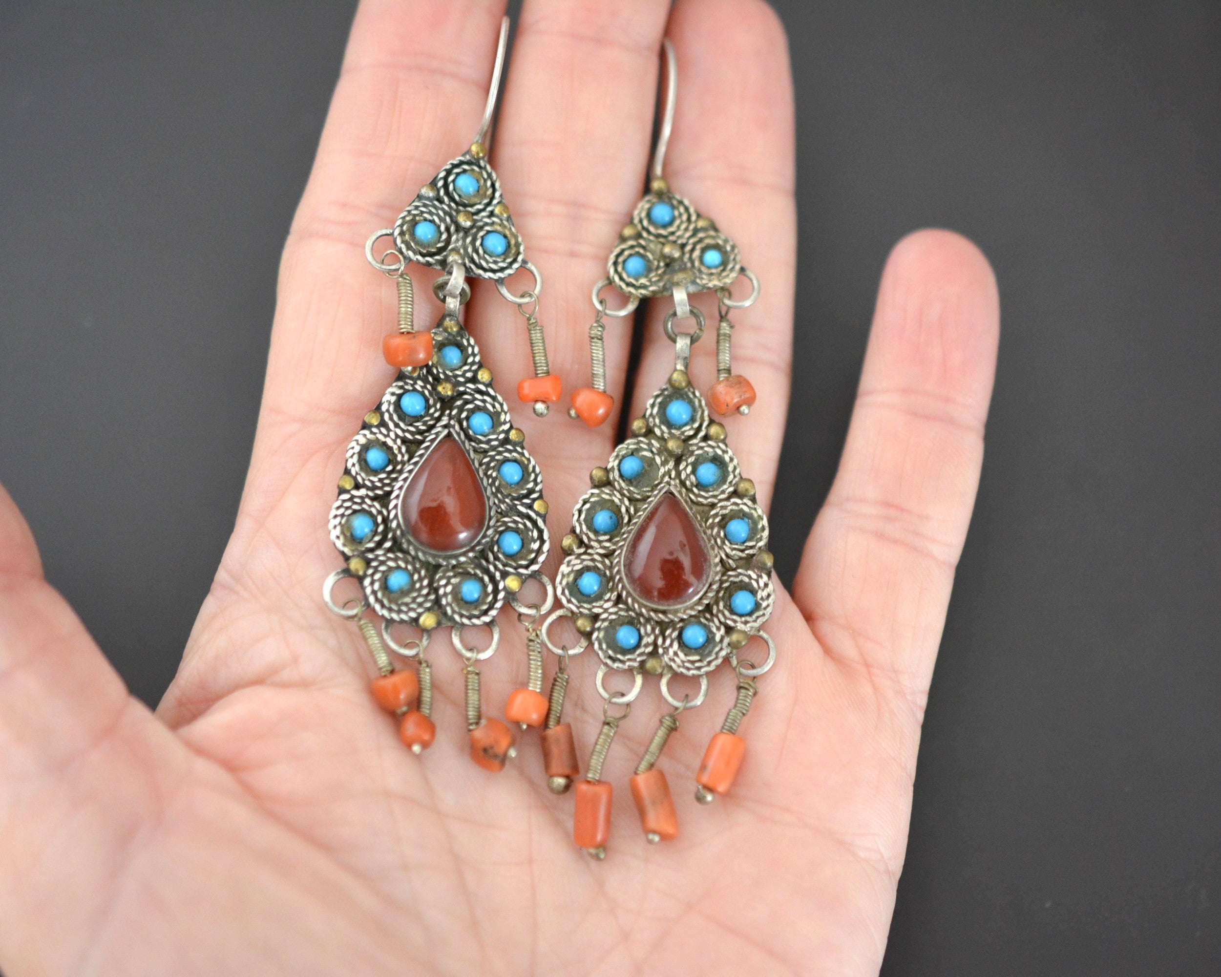 Uzbek Carnelian Coral Turquoise Dangle Earrings