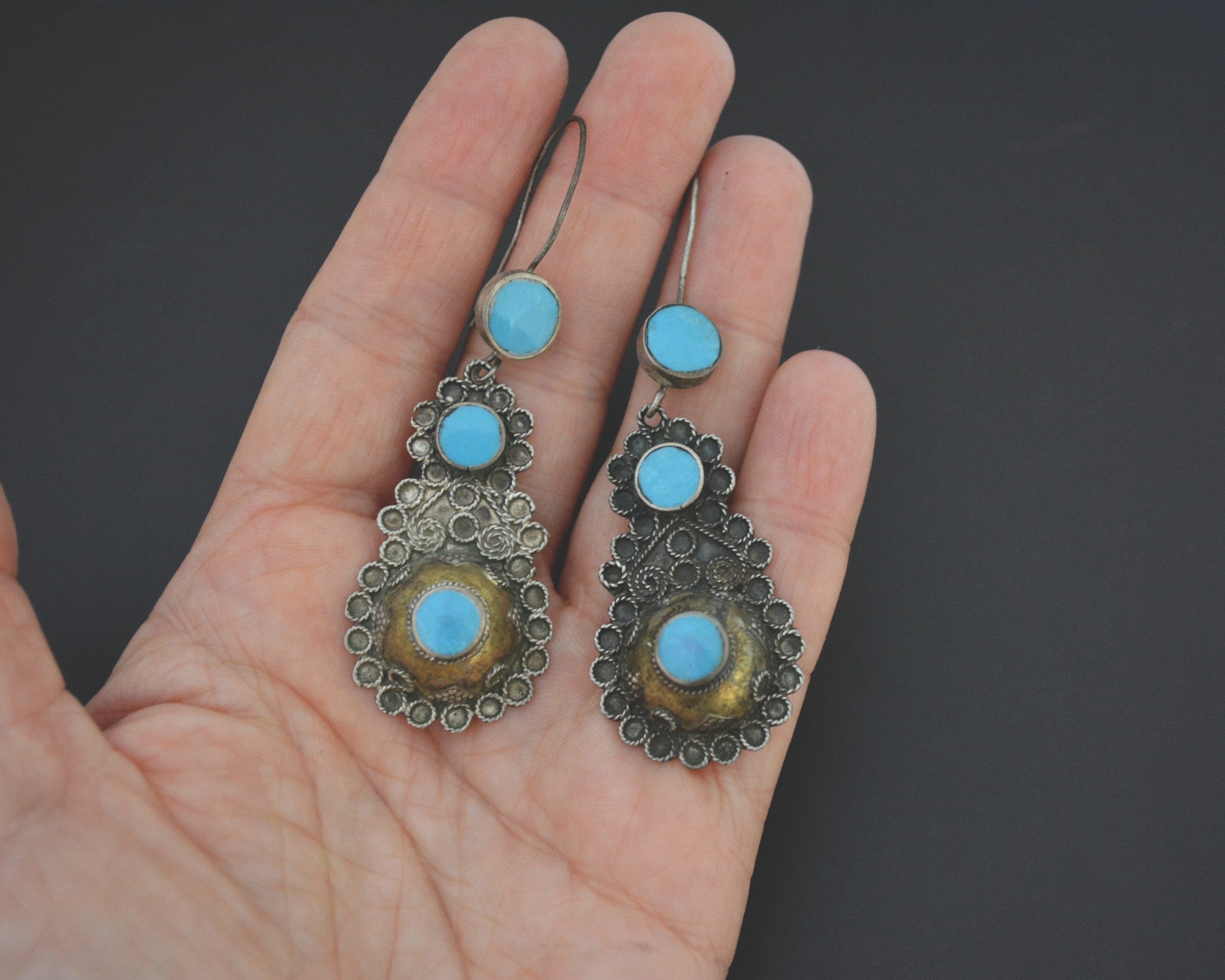 Afghani Silver Gilded Earrings with Turquoise